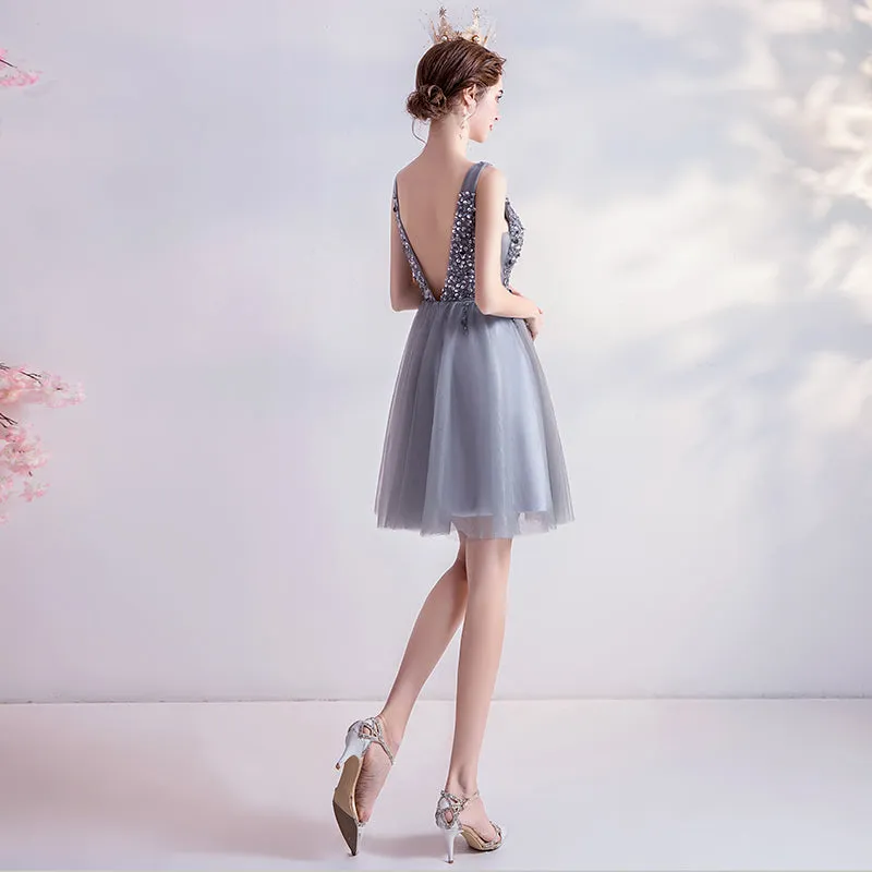 Sliver-Grey Beaded Short Tulle New Homecoming Dress Party Dress, Grey V-neckline Short Formal Dress