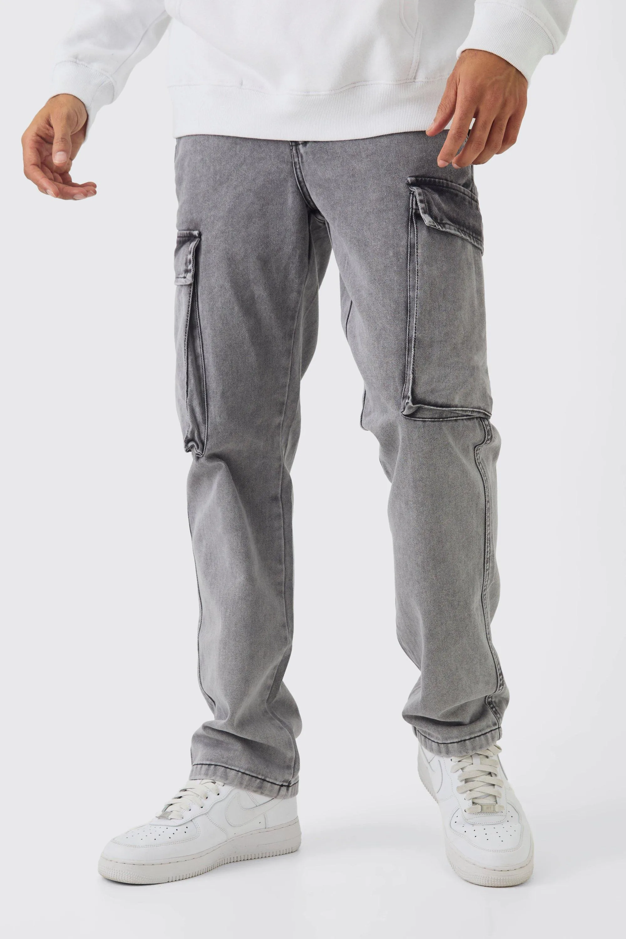 Straight Heavyweight Twill Acid Washed Cargo Trousers