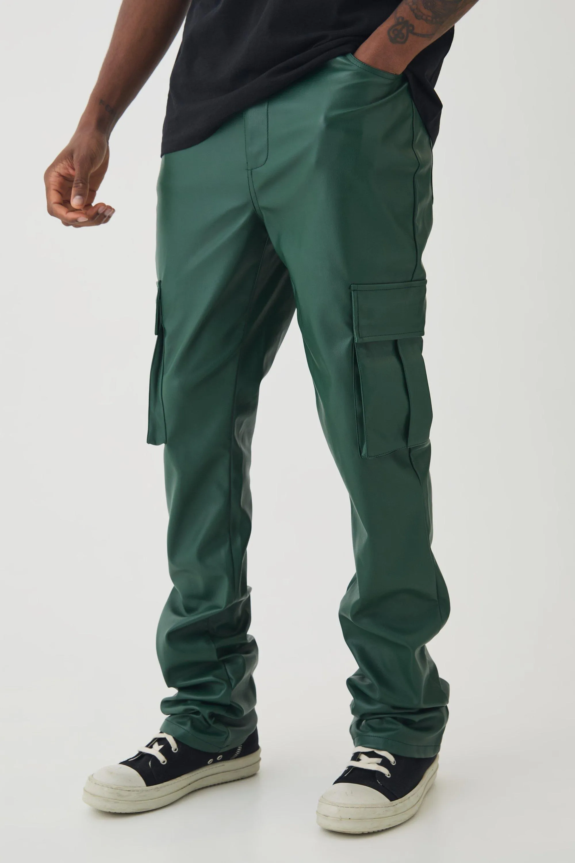 Tall PU Cargo Stacked Flared Trousers