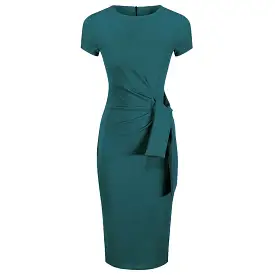 Teal Short Sleeve Ruched Tie Bodycon Pencil Dress