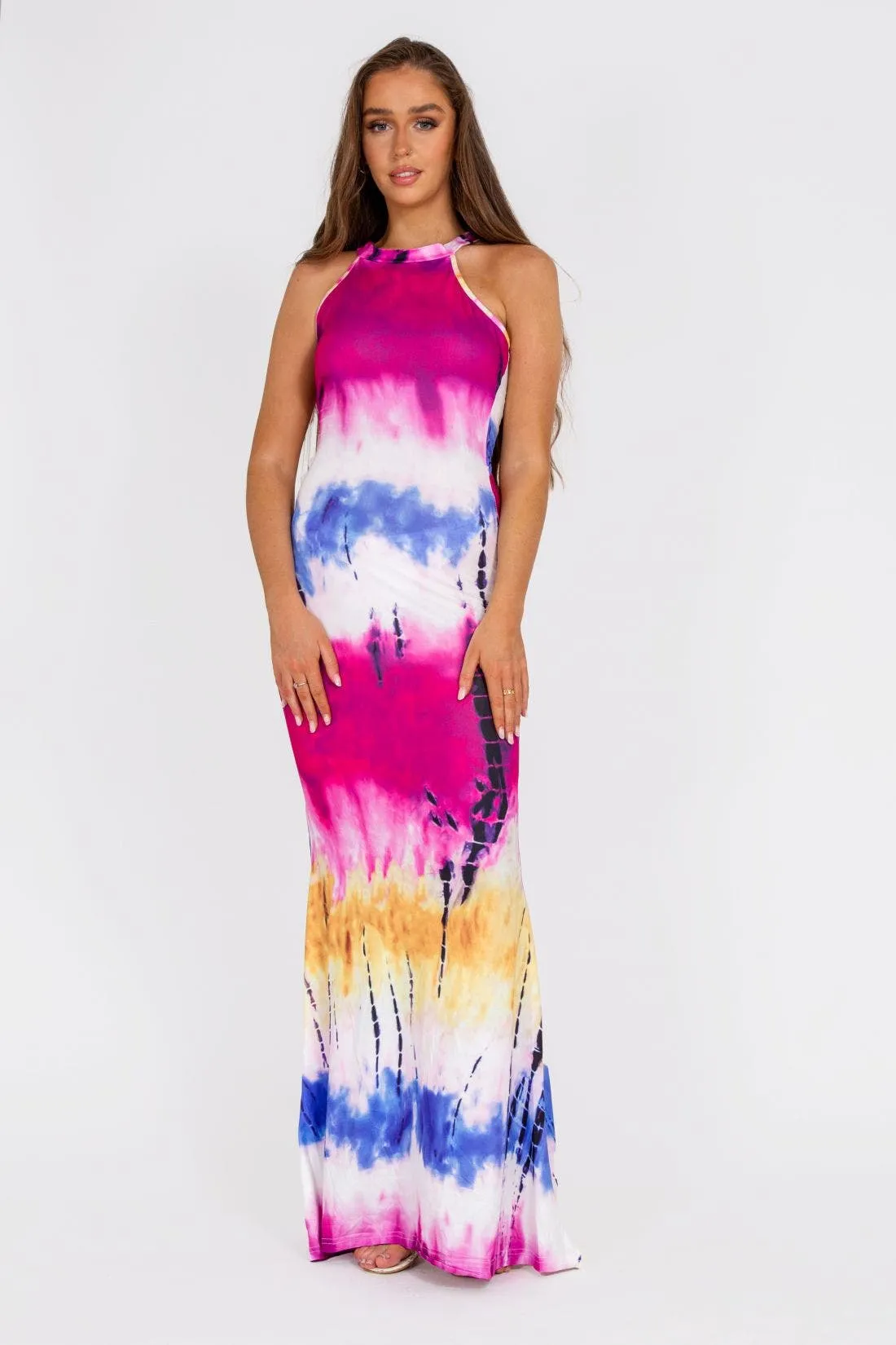 Tie Dye Blue Tie Dye Print Sleeveless Maxi Dress