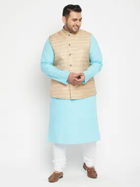 VASTRAMAY Men's Plus Size Aqua and Beige Cotton Blend Jacket Kurta Pyjama Set