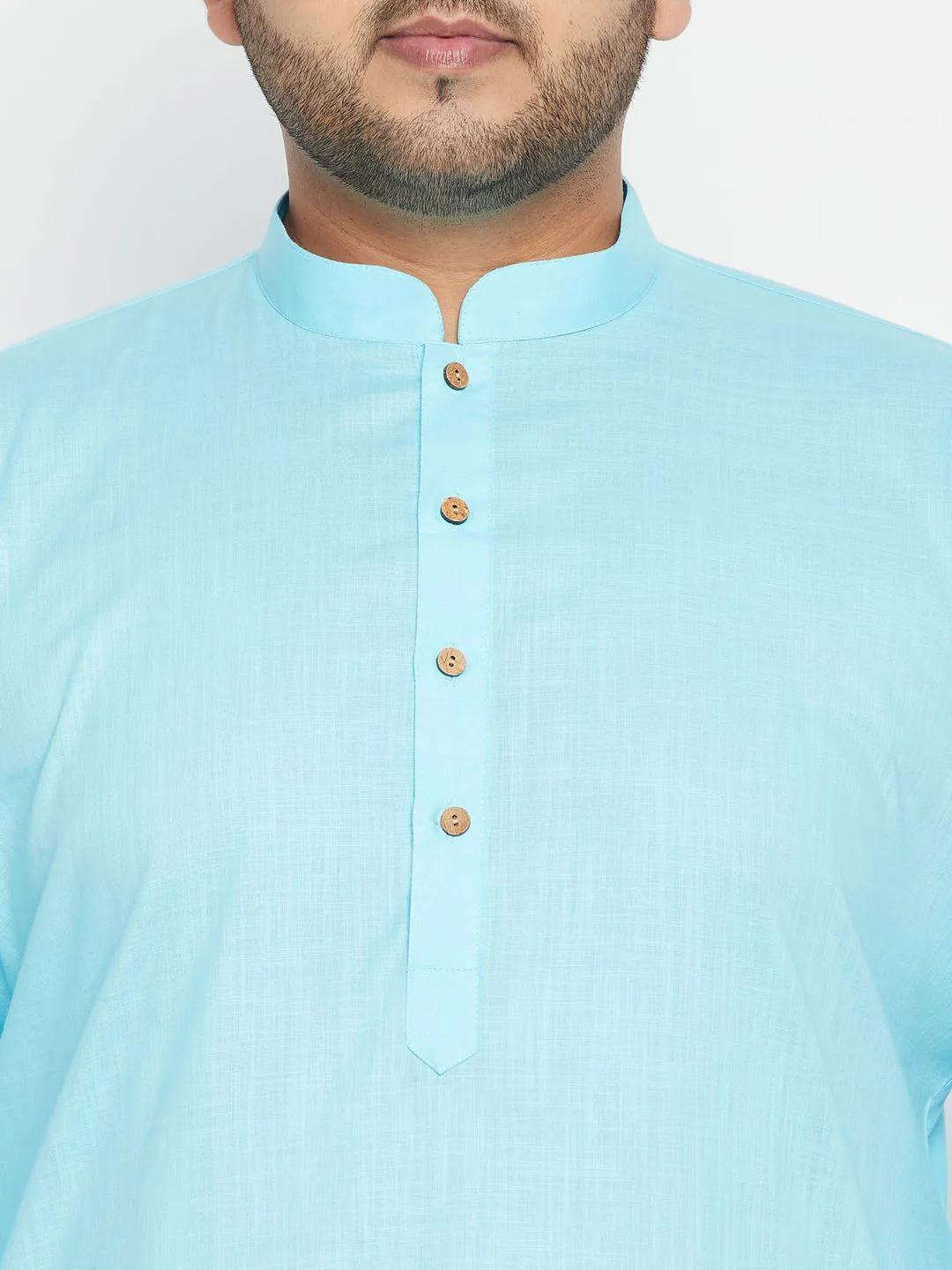 VASTRAMAY Men's Plus Size Aqua and Beige Cotton Blend Jacket Kurta Pyjama Set