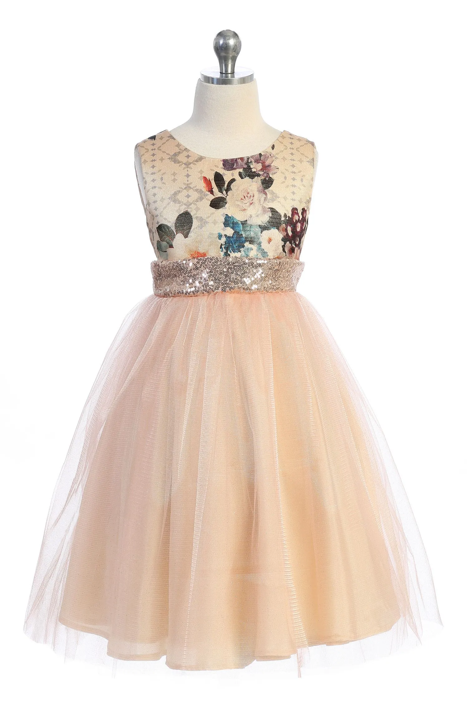 Vintage Floral Blush/Rose Gold Sequins V Back & Bow Girls Dress