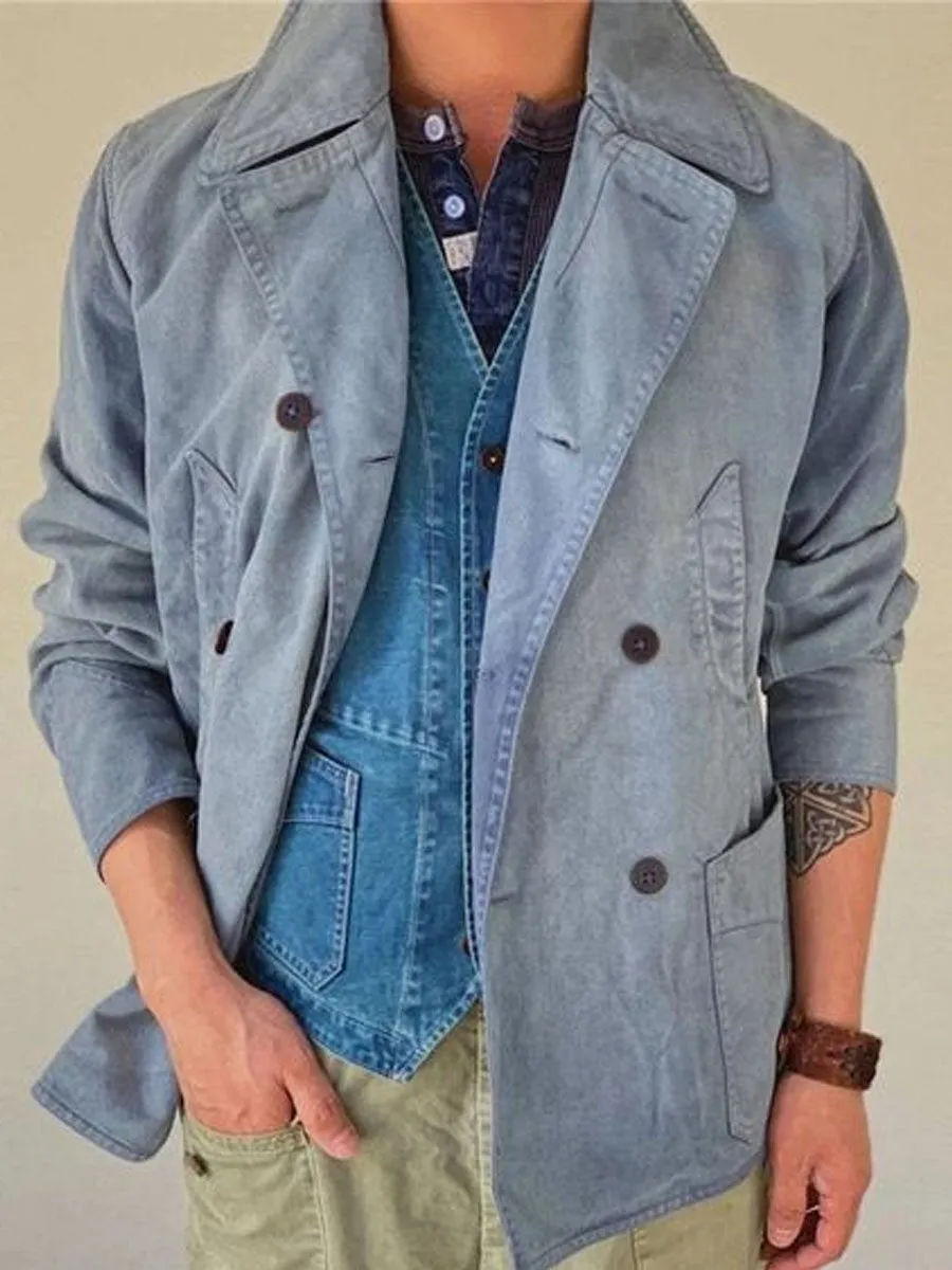 Vintage Lapel Four-Pocket Double-Breasted Denim Jacket