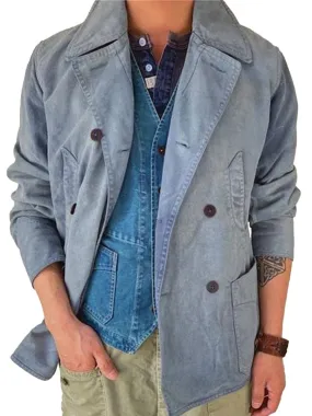 Vintage Lapel Four-Pocket Double-Breasted Denim Jacket