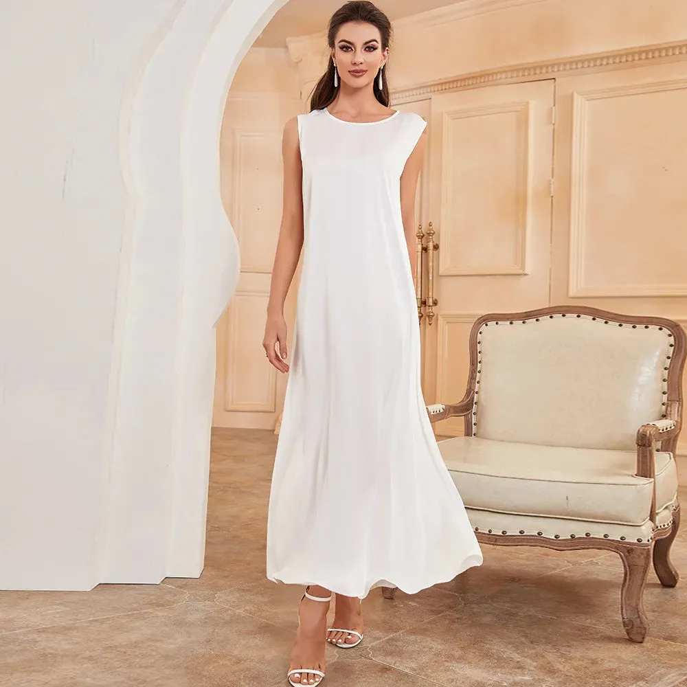 White Satin Muslim Women Sleeveless Casual Long Maxi Dress