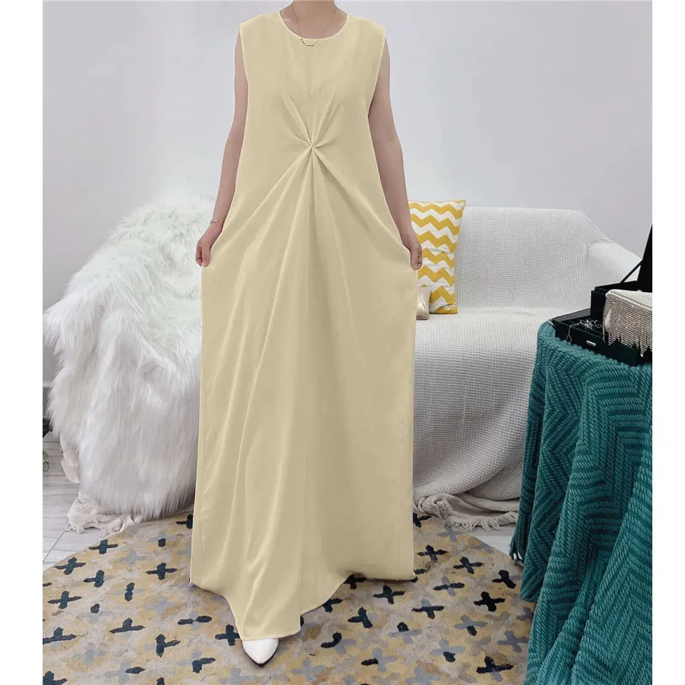 White Satin Muslim Women Sleeveless Casual Long Maxi Dress