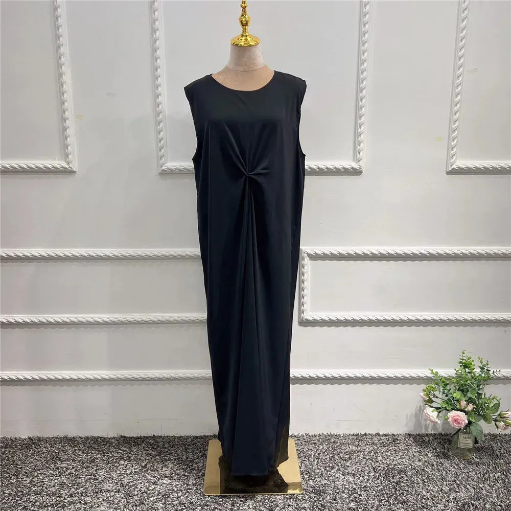 White Satin Muslim Women Sleeveless Casual Long Maxi Dress