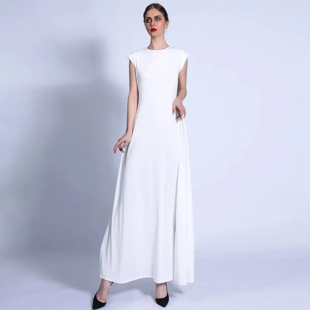 White Satin Muslim Women Sleeveless Casual Long Maxi Dress