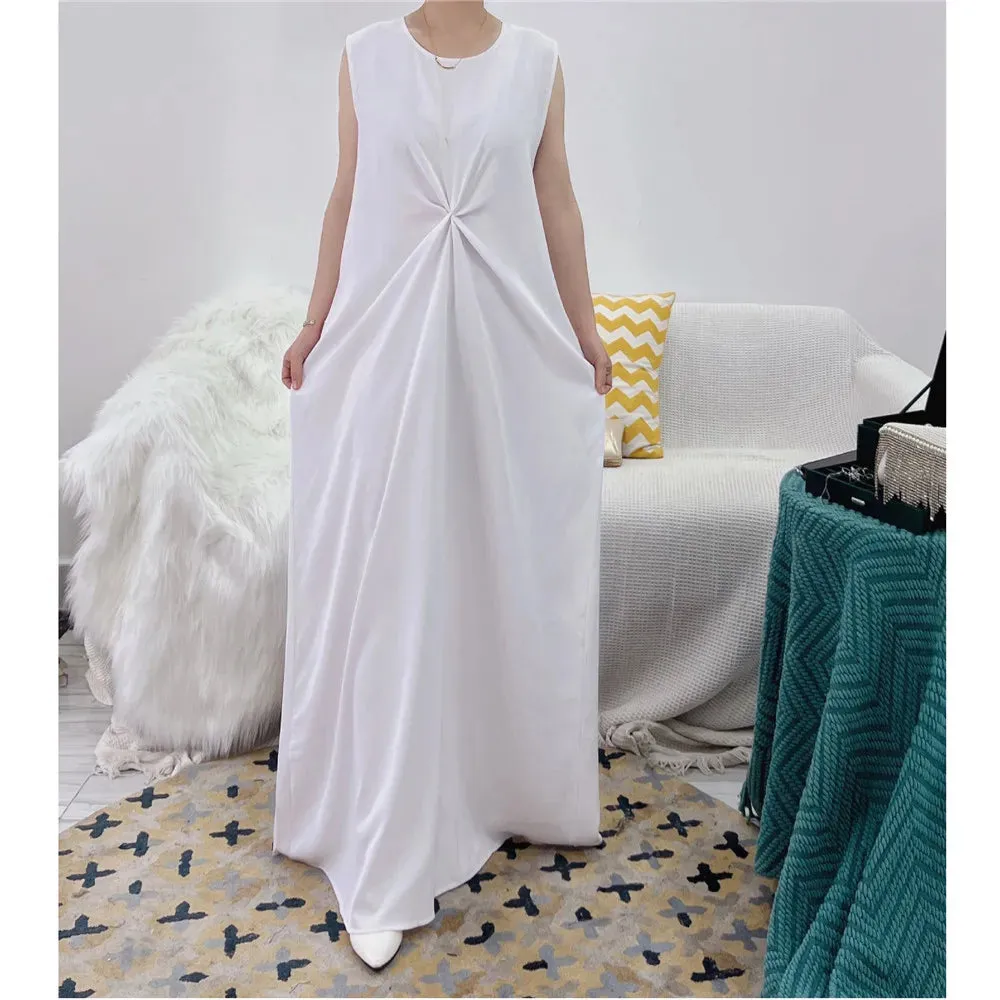 White Satin Muslim Women Sleeveless Casual Long Maxi Dress