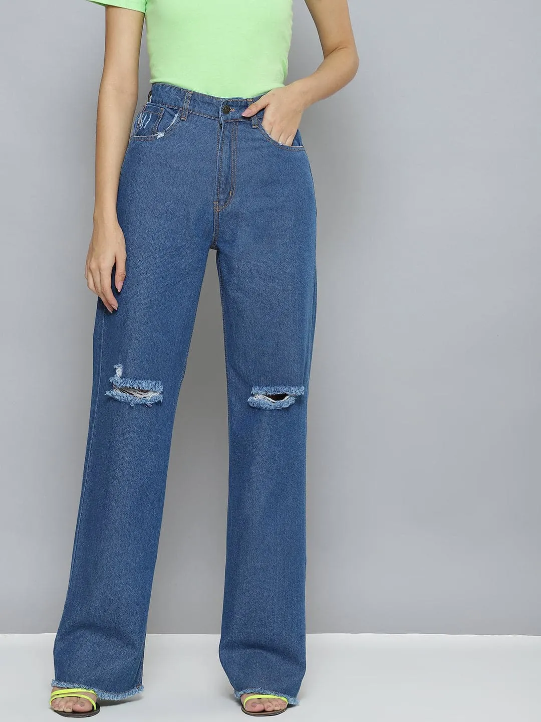 Women Blue Wide Leg Distressed Slit Jeans