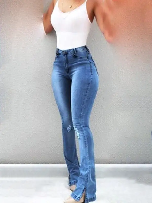 Women Jeans - High Waist Slit Flared Jeans