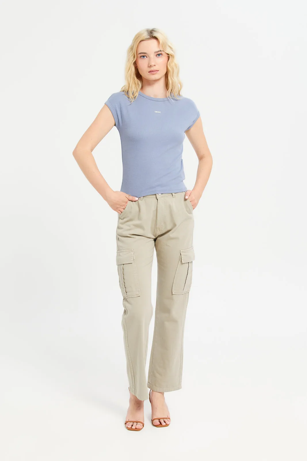 Women Olive Pocket Cargo Denim Jeans