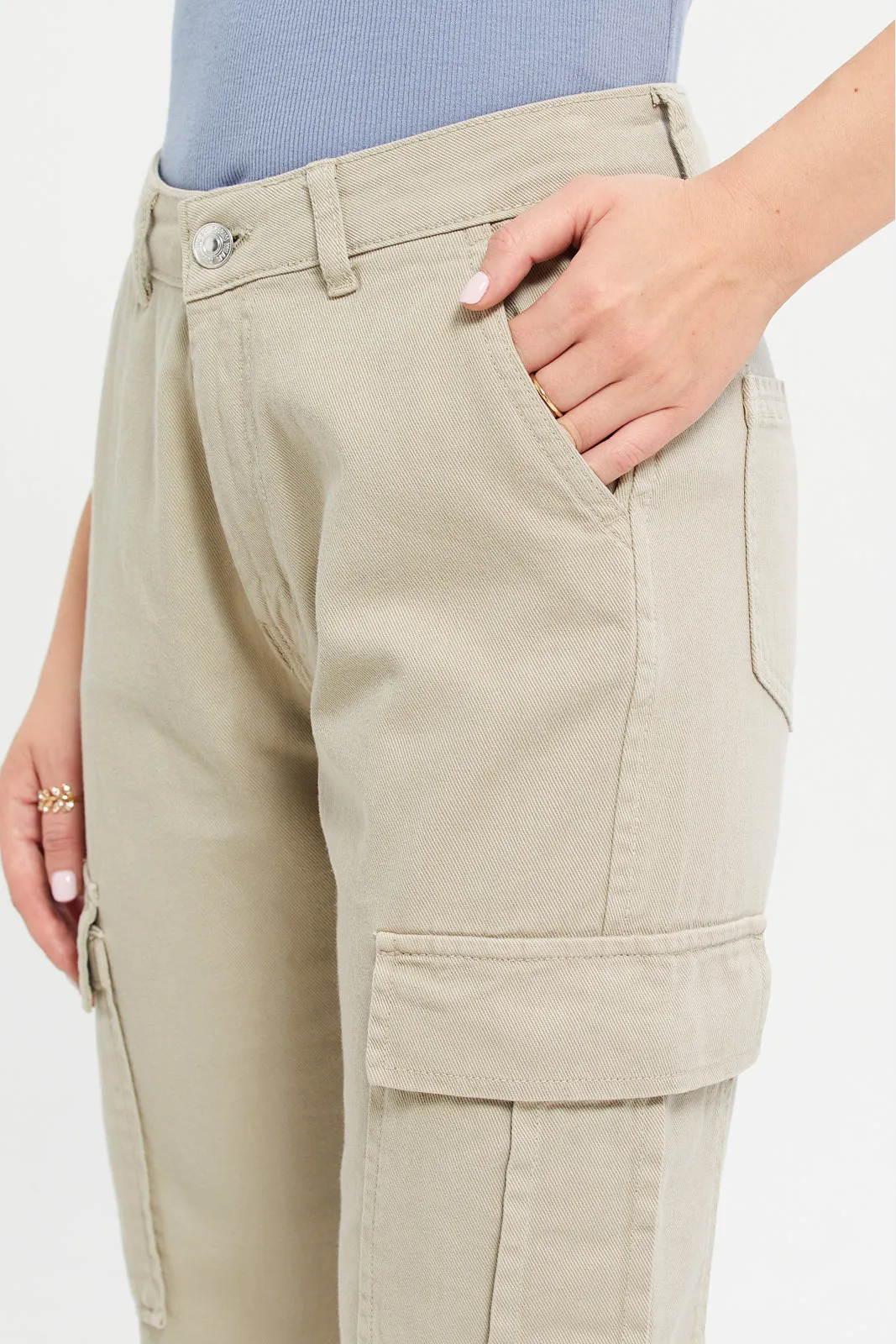 Women Olive Pocket Cargo Denim Jeans