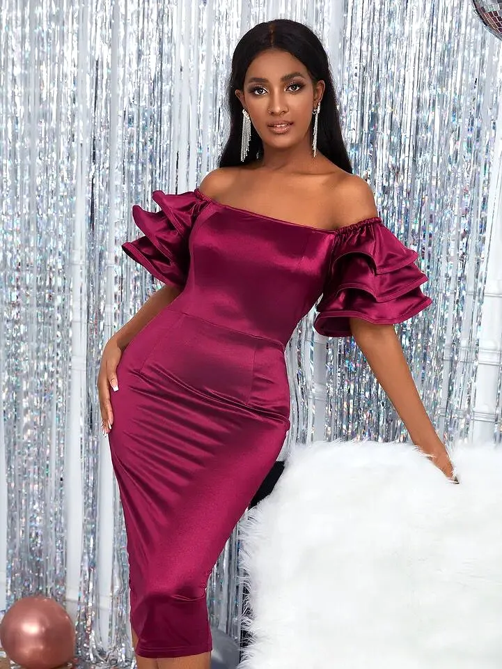 Women Satin Party Dress Slash Neck Short Puff Sleeve Shoulder Bodycon Clubwear Summer Event S4653623