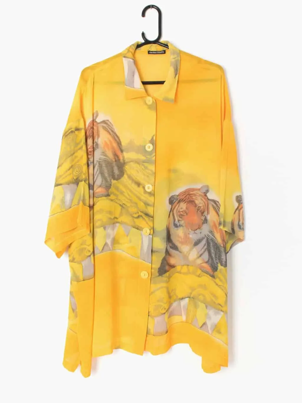 Womens vintage sheer yellow tiger blouse by Jean Marc Philippe Paris, Made in France 1990s – XL / 2XL