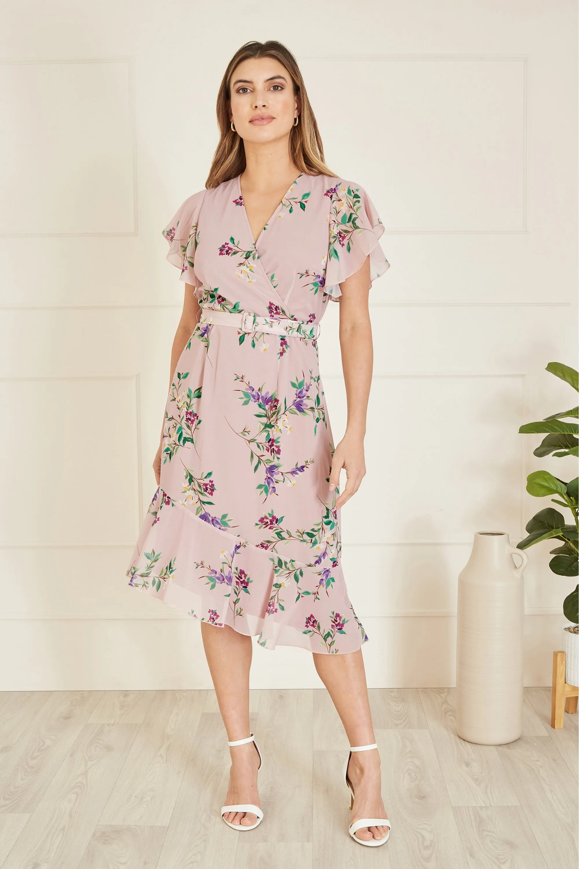 Yumi Blush Wrap Over Midi Dress With Frill Details And Matching Belt