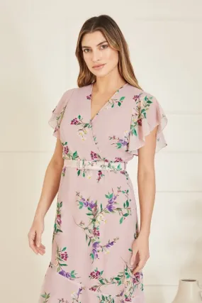 Yumi Blush Wrap Over Midi Dress With Frill Details And Matching Belt