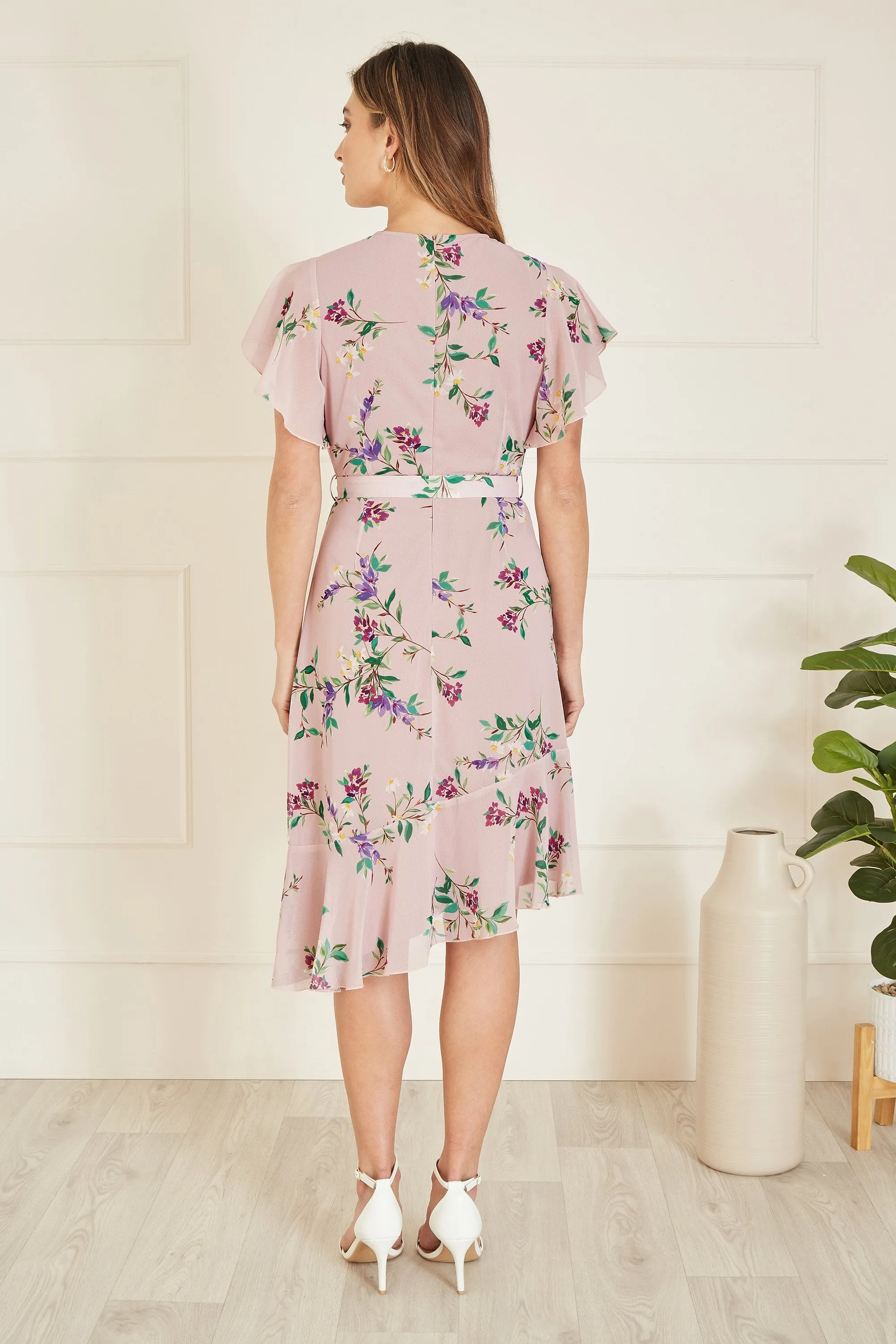 Yumi Blush Wrap Over Midi Dress With Frill Details And Matching Belt