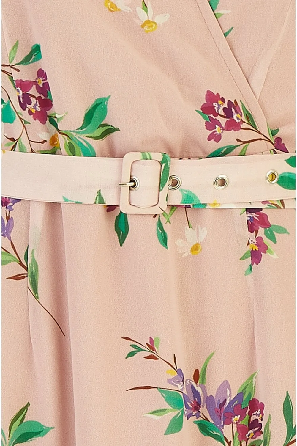 Yumi Blush Wrap Over Midi Dress With Frill Details And Matching Belt