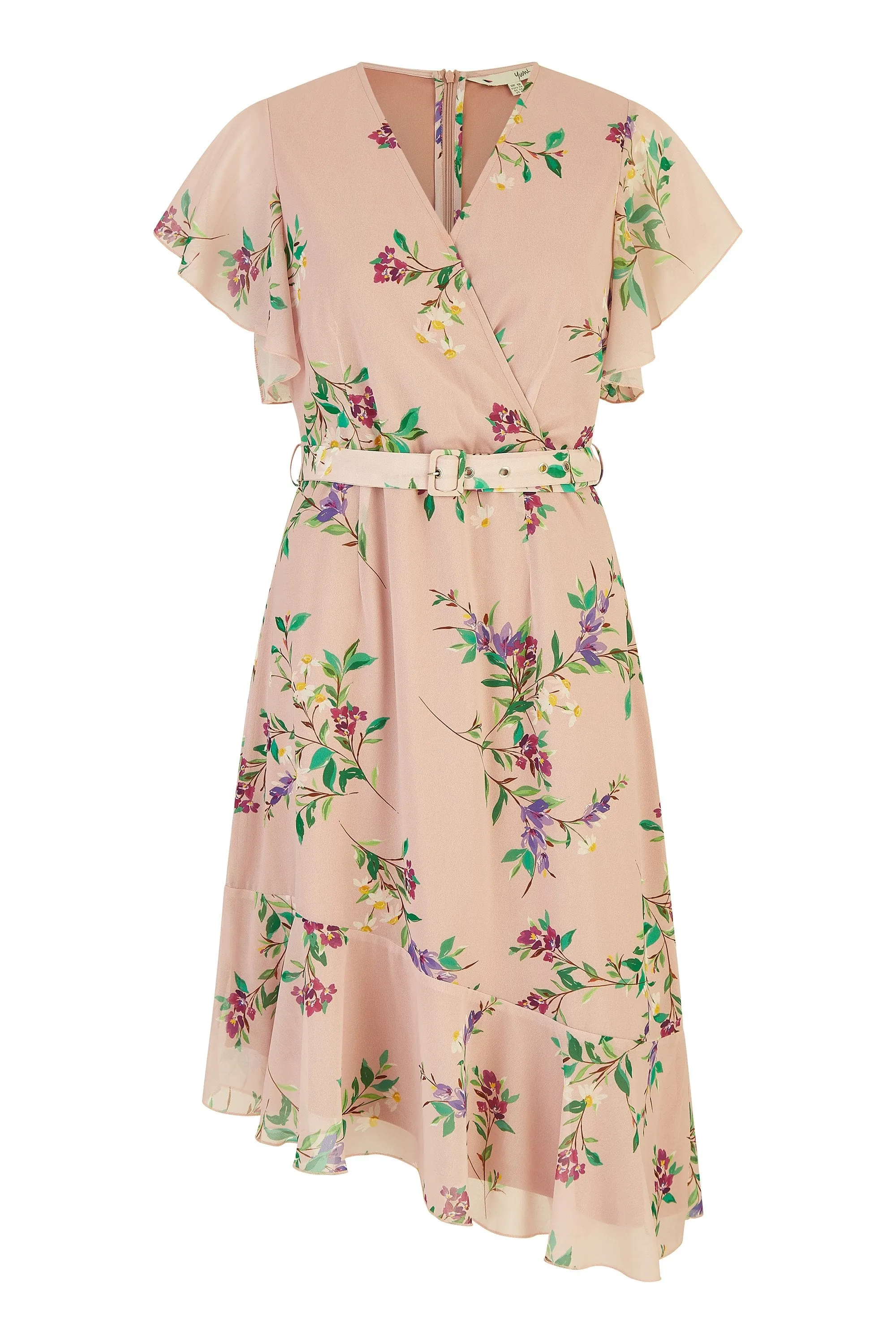 Yumi Blush Wrap Over Midi Dress With Frill Details And Matching Belt